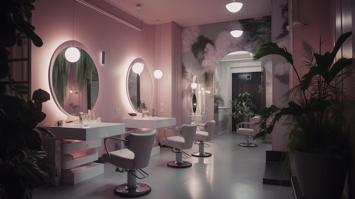 Arbeitsplatz in einem Schönheitssalon. Das Bild wurde mit der Midjourney KI App erstellt Arbeitsplatz in einem Schönheitssalon
