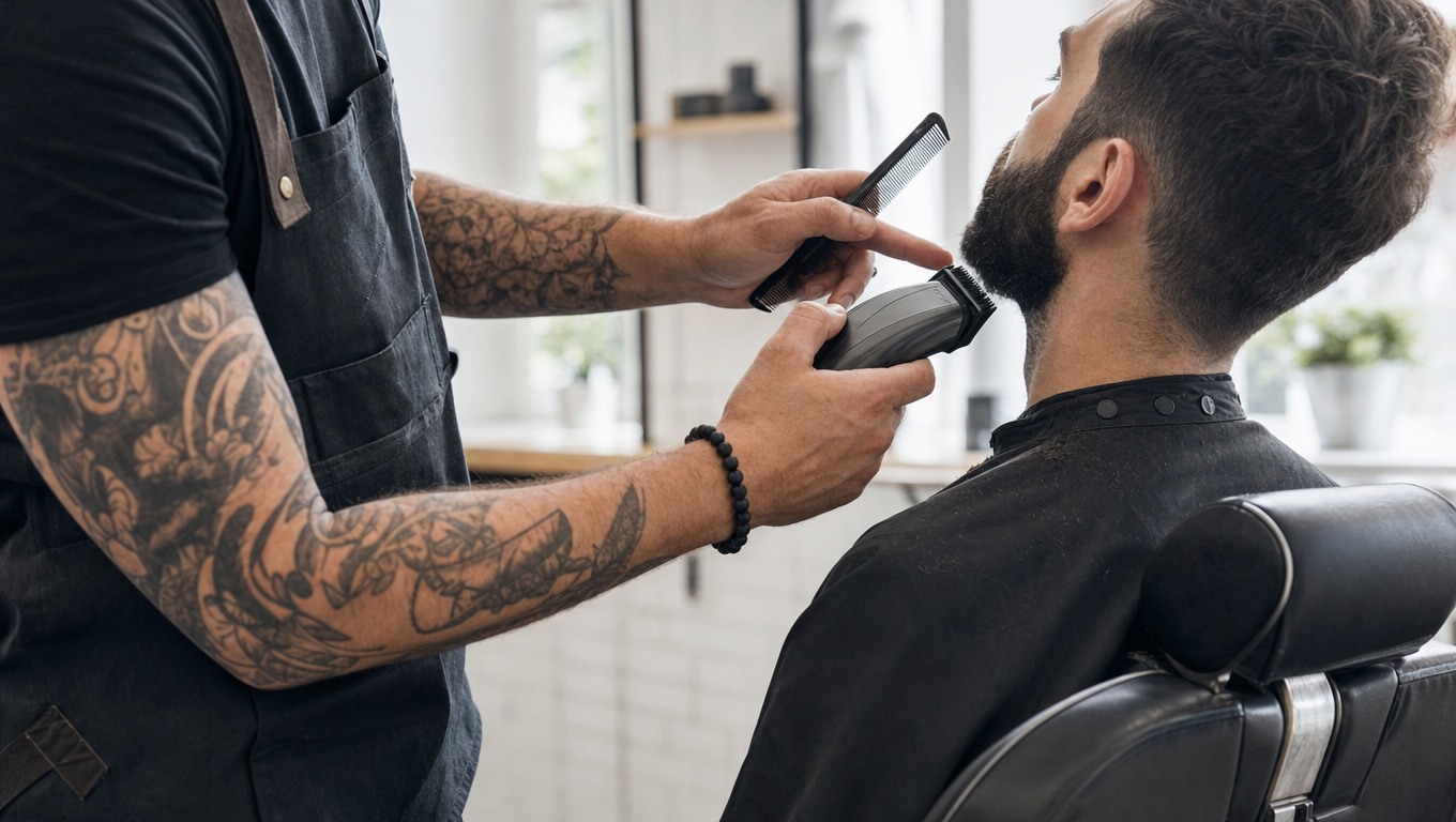 Barbier trimmt den Bart eines Kunden: reine Bartpflege gilt in der Regel nicht als Friseurhandwerk